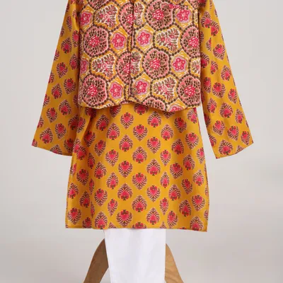 Block Printed Kurta with Pyjama and Floral Print Jacket