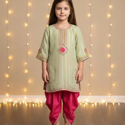 Viscose silk kurta detailed with gota embroidery paired with Flat raw silk dhoti