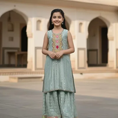 Viscose silk kurta with emb and embelished laces paired with a sharara