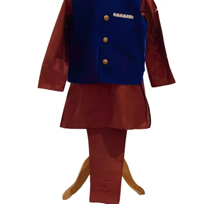 Silk Kurta Pyjama with Blue Velvet Jacket