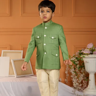 GREEN STYLISH SHERWANI WITH BEIGE PANTS