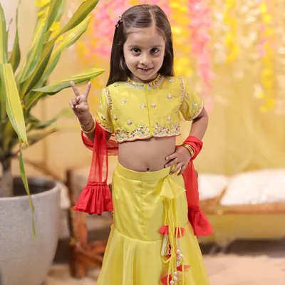 LIME GREEN HAND EMBROIDERED TOP WITH FISH CUT STYLE LEHENGA AND DUPATTA