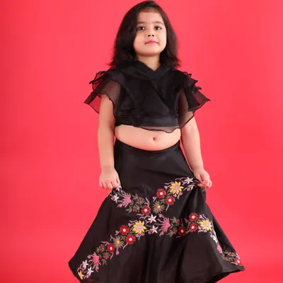 BLACK RUFFLED TOP WITH EMBROIDERED LEHENGA