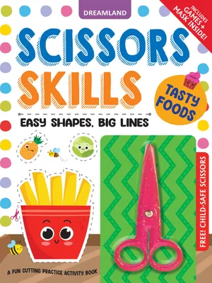 Tasty Foods Scissors Skills Activity Book for Kids Age 4 - 7 years | With Child- Safe Scissors, Games and Mask