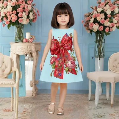 Pinkcow Light Blue Floral Bow Print Sleeveless A-Line Dress - Light Blue