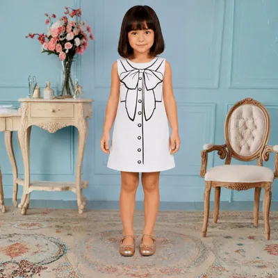 Pinkcow White Bow and Button Print Sleeveless A-Line Dress - White