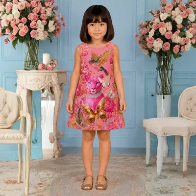Pinkcow Pink Panther and Floral Print Sleeveless A-Line Dress - Pink