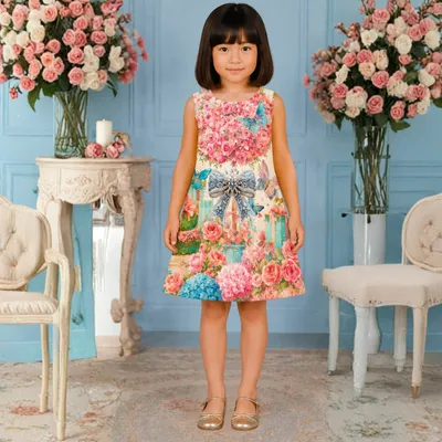 Pinkcow Pink Multi-Floral Bow Print Sleeveless A-Line Dress - Pink