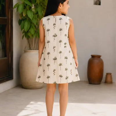 Girls Cotton Sleeveless A-Line Dress with Palm Tree Print | Soft Casual Summer Dress for Kids | Lightweight Breathable Beach and Everyday Wear | Cream White