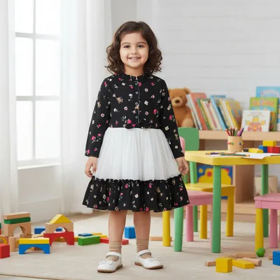 Black Floral & White Layered Party Frock for Girls