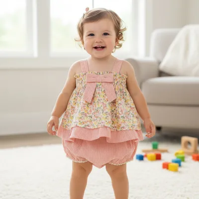 Floral Printed Cotton Top with Striped Bloomer Set for Baby Girls