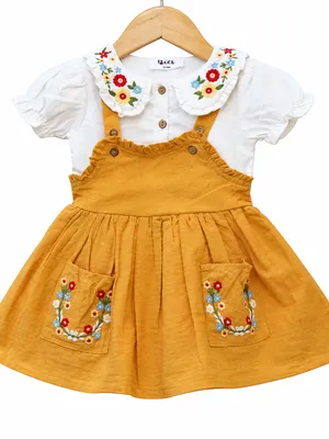Frockwala Girls Mustard Embroidered Dungaree Dress