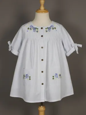 Light Blue Striped Cotton Dress – Embroidered Button-Down Frock
