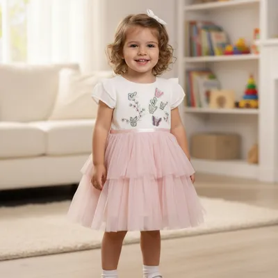Pink Butterfly Layered Net Frock