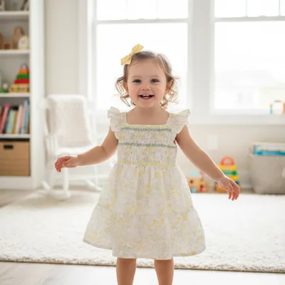 Girls Yellow Floral Cotton Smocked Dress