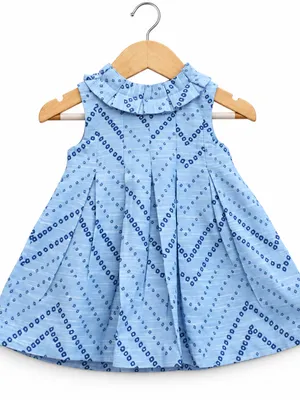 Light Blue Printed Sleeveless Pleated Frock for Girls
