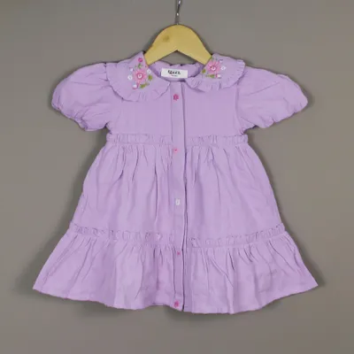 Lavender Frock | Embroidered Collar Dress with Puff Sleeves