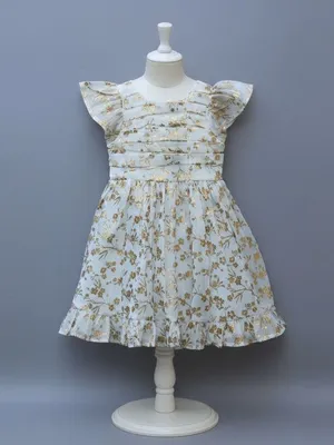 White and Golden Floral Print Party Frock