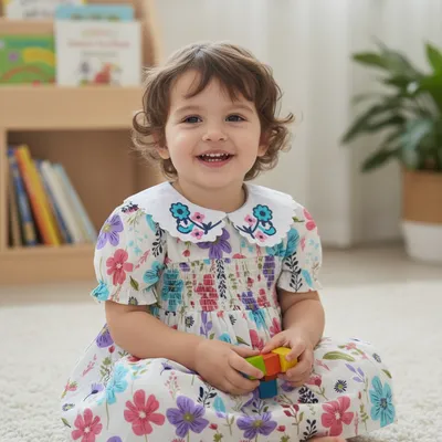 Floral Printed Cotton Frock with Embroidered Collar