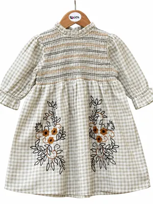 Sage Green Gingham Smocked Cotton Dress for Girls