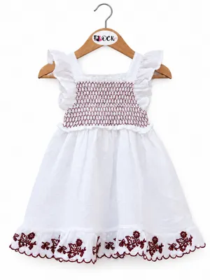 Girls White Floral Smocked Cotton Frock