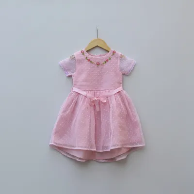 Pink Embroidered Net Party Frock for Baby Girls