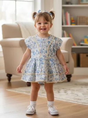 Blue Floral Printed Cotton Frock with Lace Detailing