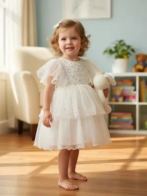 White Layered Net Party Frock for Girls – Floral Embroidered Design