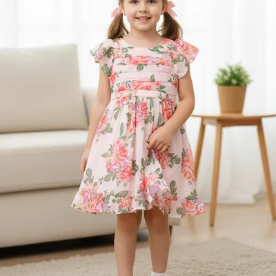 Girls’ Pink Floral Chiffon Frock