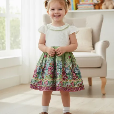 Green Floral Printed Party Dress for Baby Girl