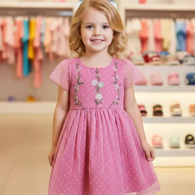 Girls Pink Embroidered Net Dress
