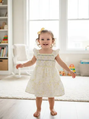 Girls Yellow Floral Cotton Smocked Dress