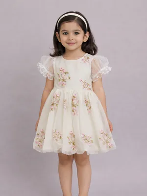 Frockwala Baby Girls Cream Floral Net Party Dress
