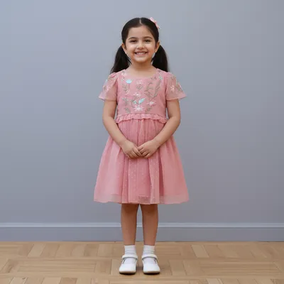 Peach Embroidered Net Party Frock for Baby Girls