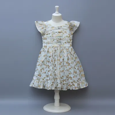 White and Golden Floral Print Party Frock