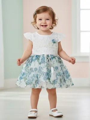 White & Blue Floral Lace Party Frock for Girls