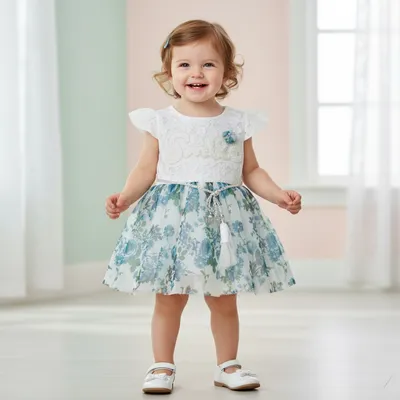 White & Blue Floral Lace Party Frock for Girls