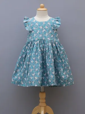 Blue Floral Printed Cotton Frock for Girls