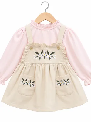 Frockwala Girls Beige Floral Embroidered Dungaree Dress