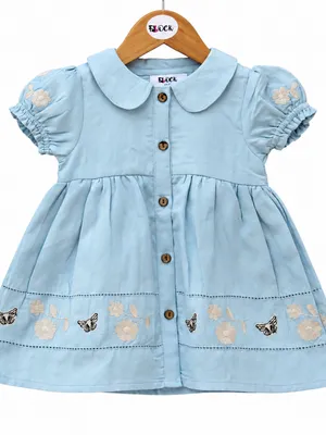 Vintage Light Blue Cotton Embroidered Dress for Girls