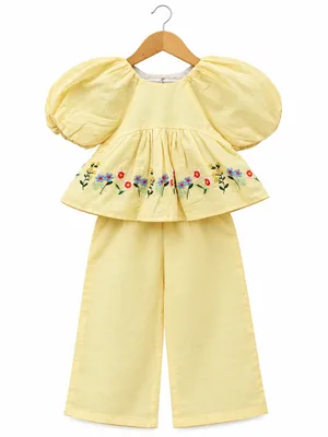 Pastel Yellow Cotton Embroidered Co-ord Set for Girls