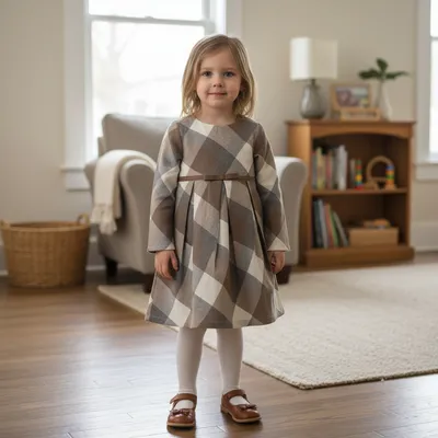 Brown & Beige Checked Winter Dress