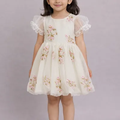✨ Premium Baby Girl Cream Floral Net Party Dress