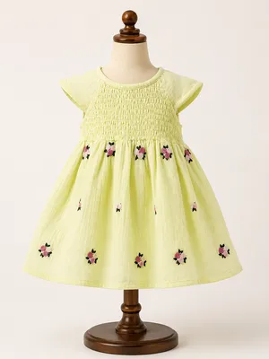 Lemon Yellow Cotton Embroidered Frock