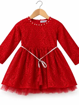 Red Long-Sleeve Lace Party Dress with Comfort Lining