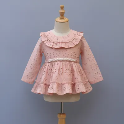 Peach Eyelet Embroidered Cotton Frock with Pearl Waist Belt