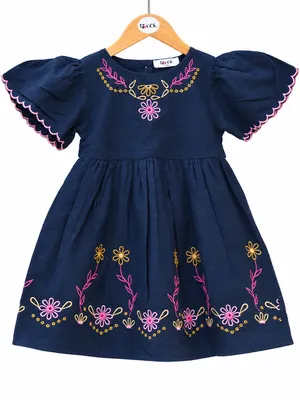 Navy Blue Cotton Floral Embroidered Dress for Girls