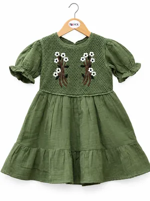 Girls Olive Green Embroidered Cotton Frock