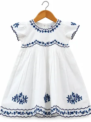 Frockwala Girls White Embroidered Cotton Dress – Blue Floral Design