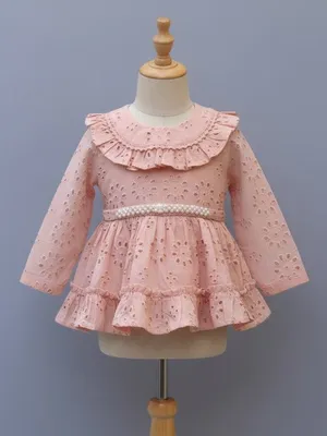 Peach Eyelet Embroidered Cotton Frock with Pearl Waist Belt